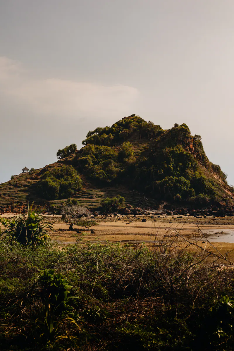 A green hill rising behind dry grassland under a hazy sky