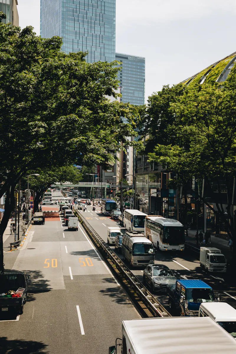 Buses and trucks queuing on a tree-lined road between towers in Tokyo