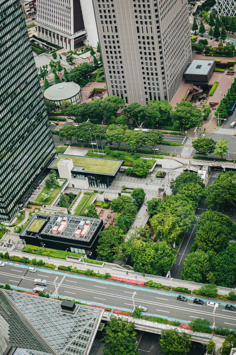Looking down on a park and roof gardens between skyscrapers in Tokyo